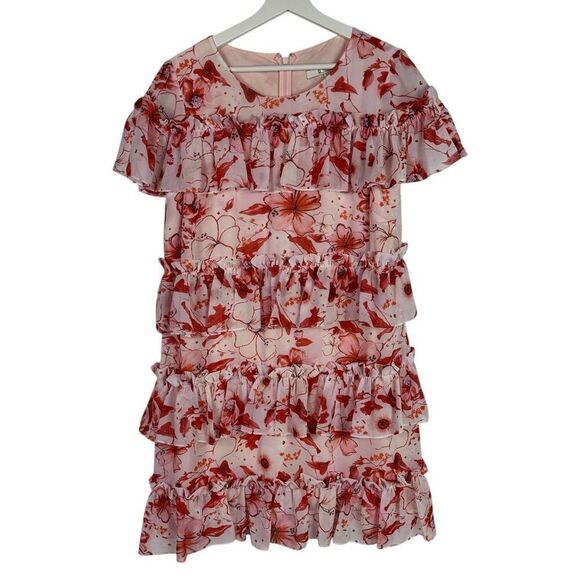 Badgley Mischka Tiered Ruffle Floral Dress Pink Size 14 - Picture 3 of 8